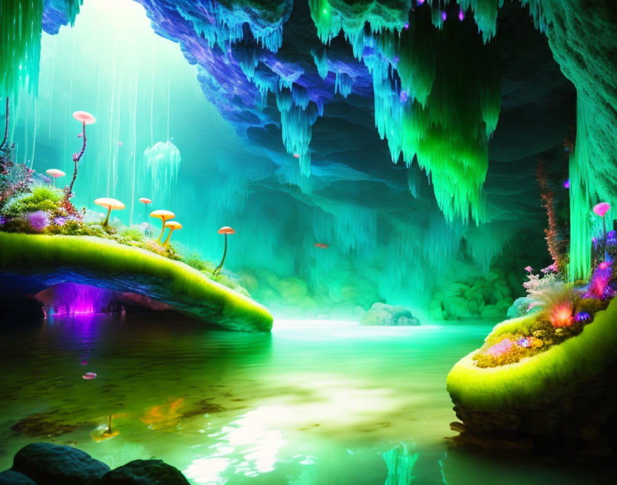Fantasy Cave with Luminescent Mushrooms and Ethereal Lights