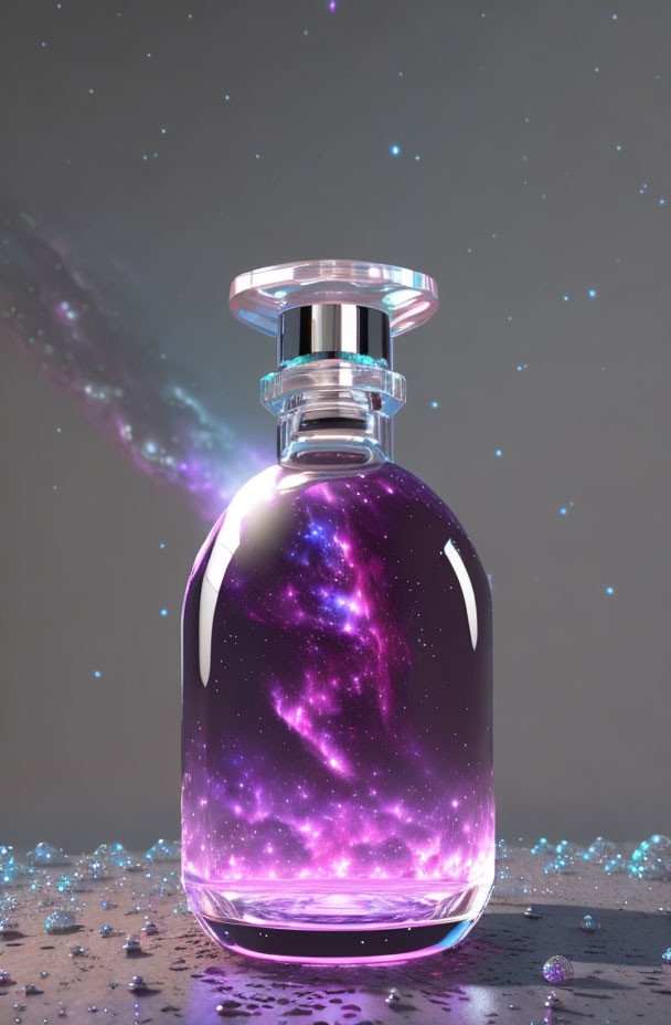 Galaxy-themed perfume bottle on starry background with sparkling droplets