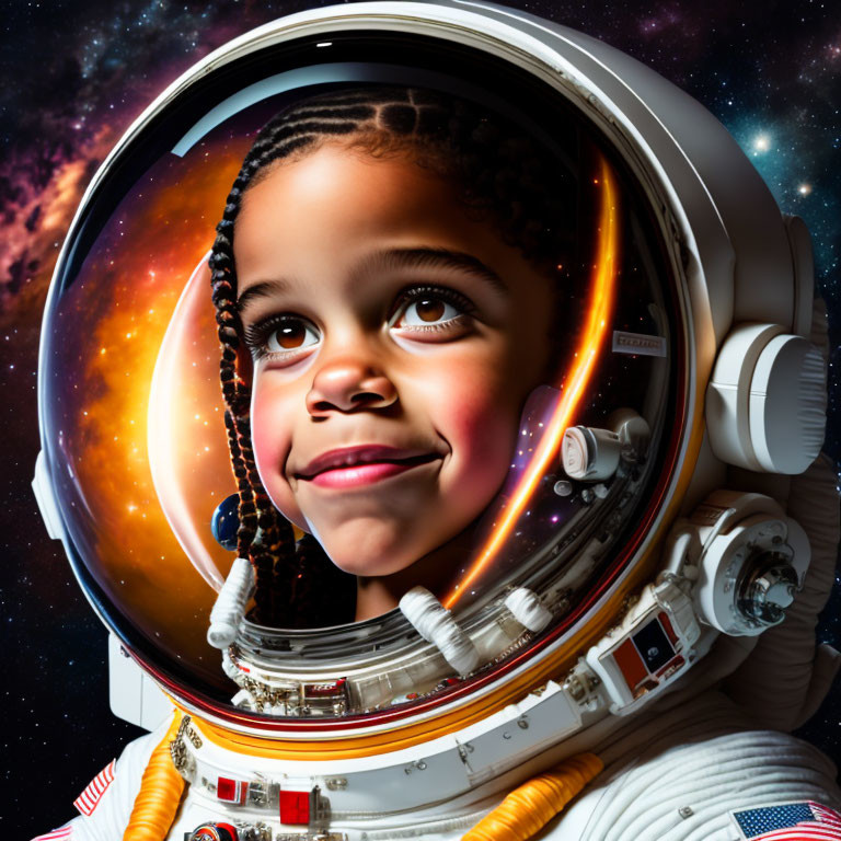 Child in detailed astronaut helmet with galaxy reflection.