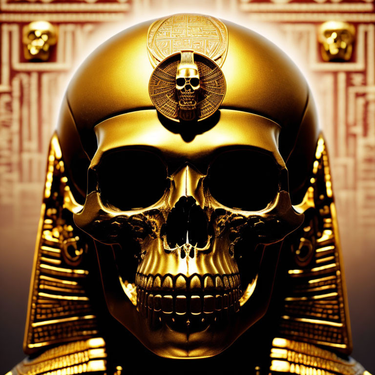 Golden Skull with Egyptian Pharaoh Headdress and Hieroglyphic Designs on Gold Background