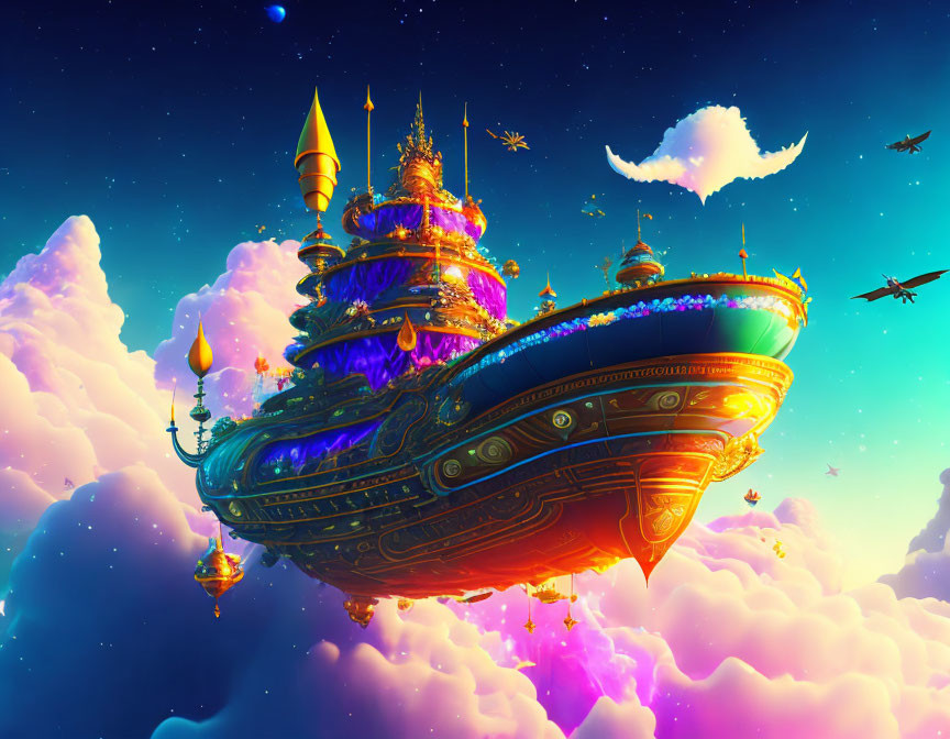 Fantasy Floating Castle with Towers in Dreamy Sky