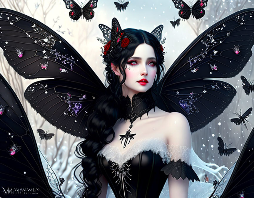 Woman with Black Butterfly Wings Surrounded by Butterflies and Gothic Headpiece