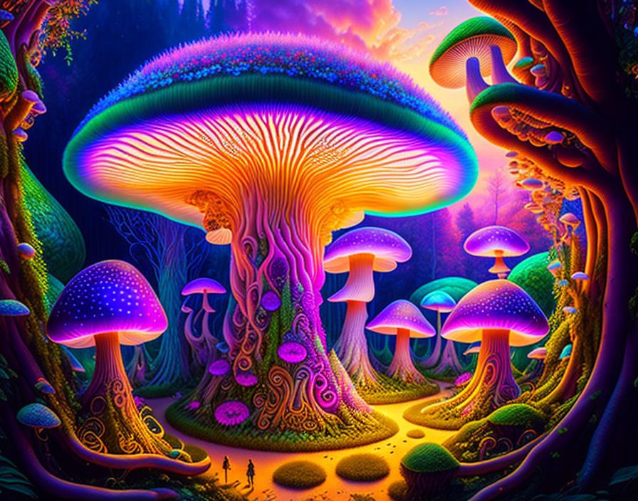 Fantasy illustration: Luminescent mushrooms in enchanted forest