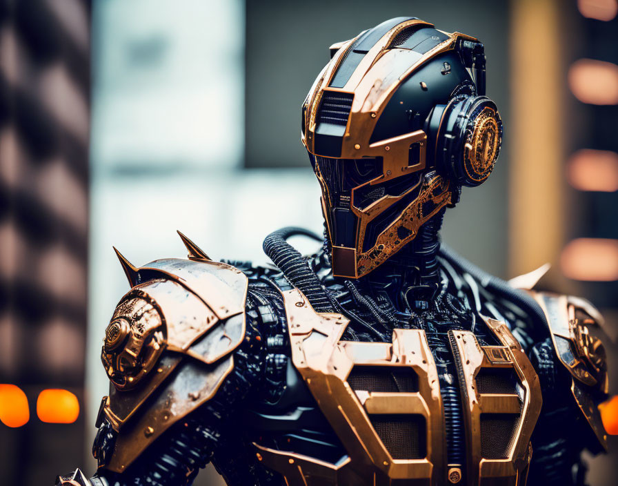 Detailed futuristic robotic suit with helmet and armored body on warm lit background