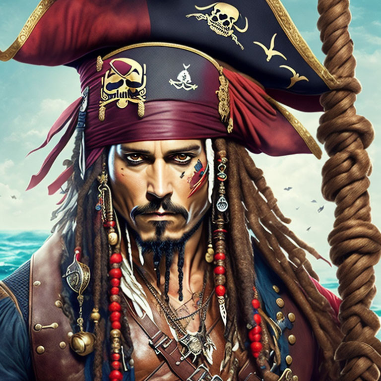 Detailed portrait of a pirate with tricorn hat, dreadlocks, beaded jewelry, and intense gaze