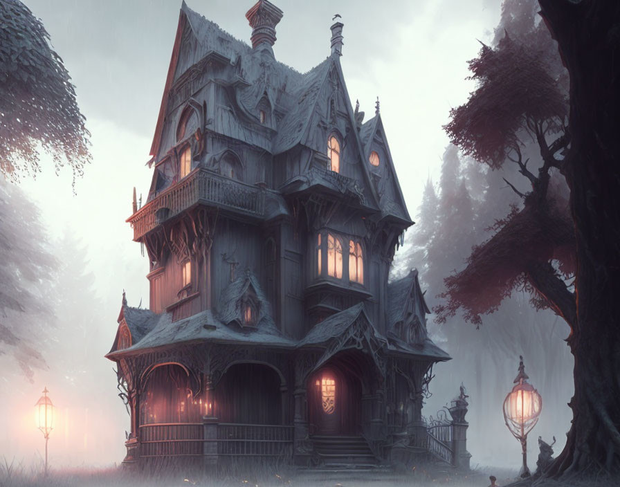 Gothic-style mansion in misty forest with glowing lamps