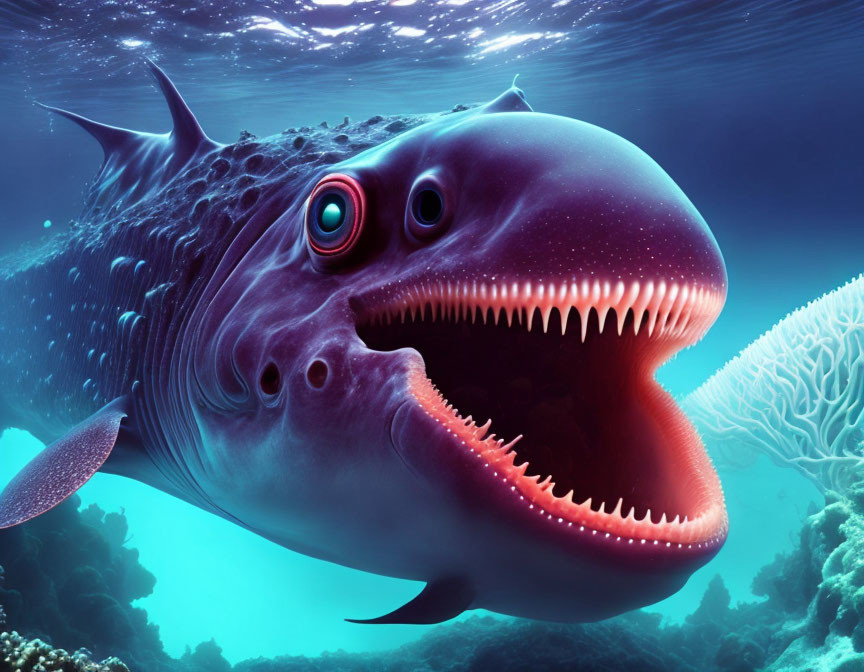 Stylized oversized cartoonish shark swimming underwater