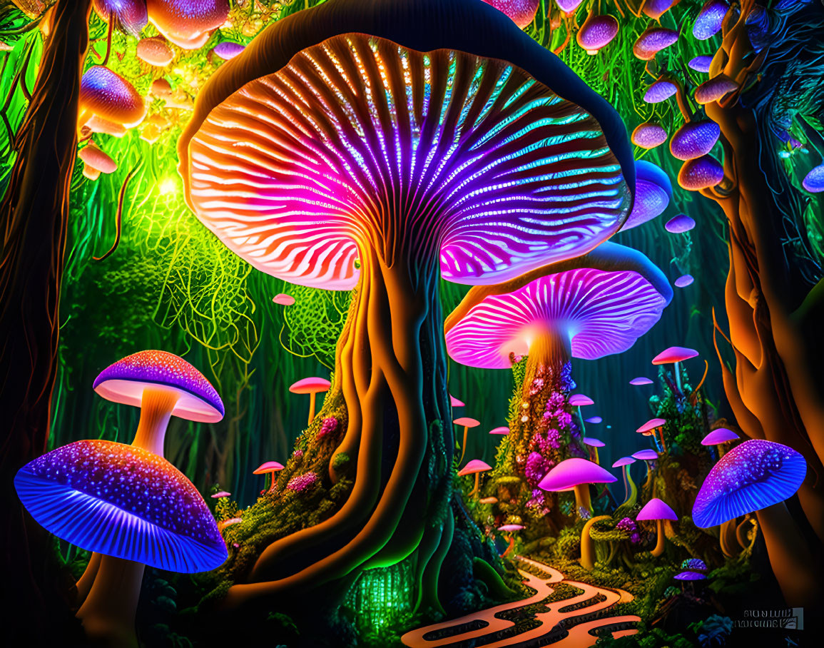 Fantasy mushroom forest with neon-glowing fungi