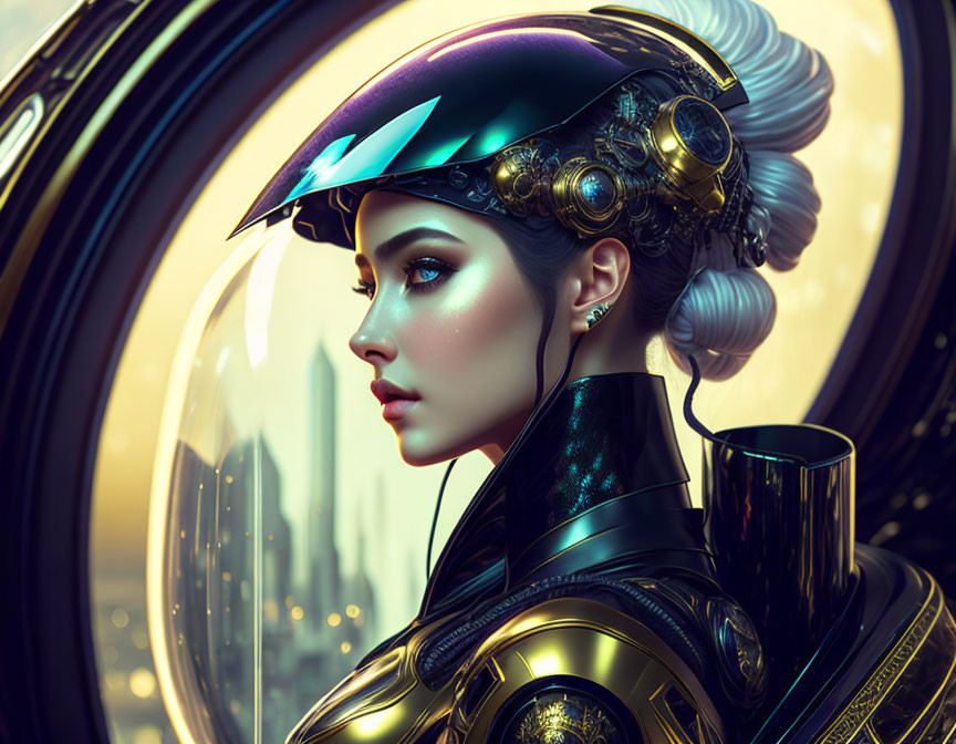 Futuristic woman in stylish helmet gazes at sci-fi cityscape