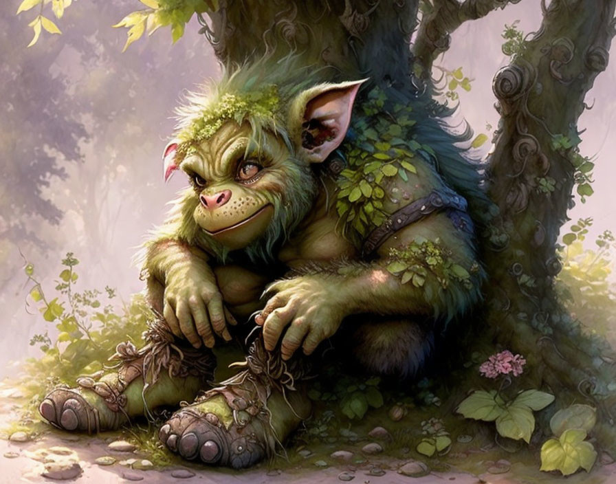 Whimsical green creature with pointed ears tying shoe under tree