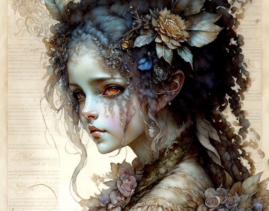 Fantasy female figure with ornate headdress and autumnal tones.