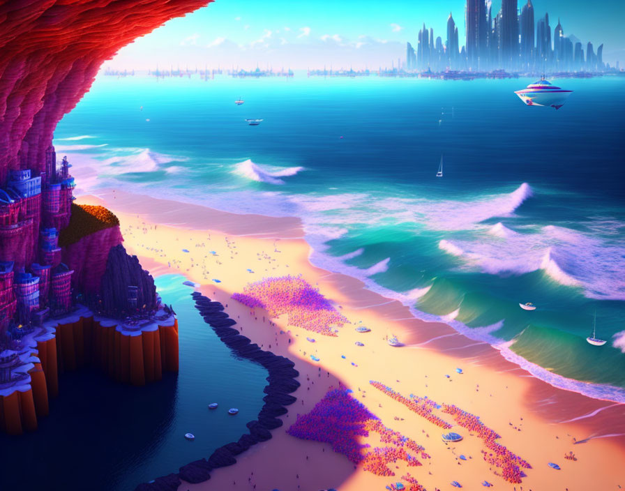 Futuristic beachscape with city skyline, floating ships, umbrellas, cliffs