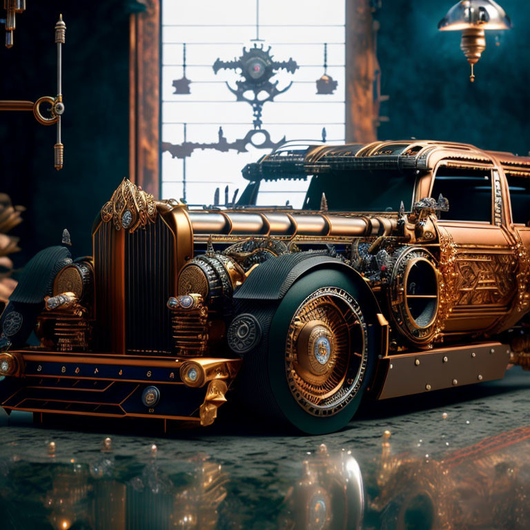 Steampunk-Inspired Car with Bronze Detailing in Workshop