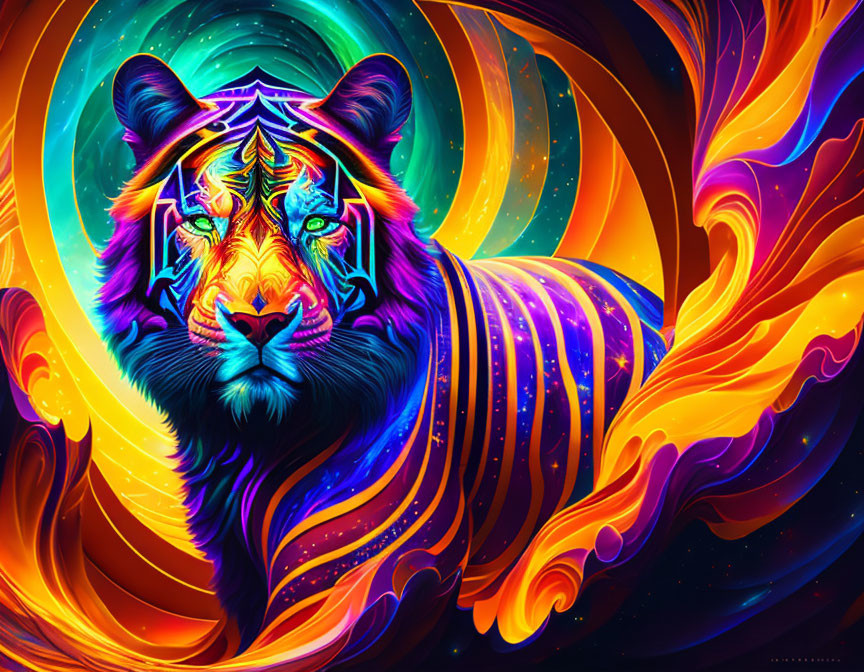 Colorful Stylized Tiger Artwork with Cosmic Background