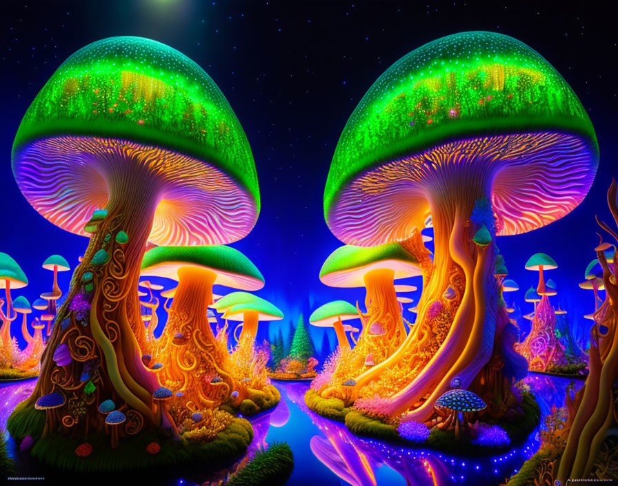 Colorful Luminescent Mushrooms in Fantastical Starry Landscape