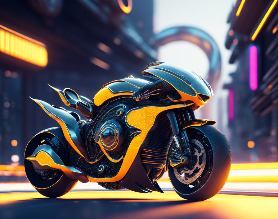 Futuristic black and yellow motorcycle on neon-lit urban street