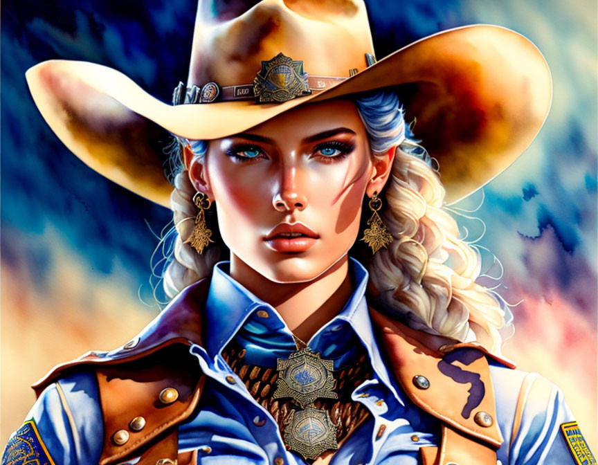 Cowboy-themed illustration of a woman with blue eyes and sheriff's badge