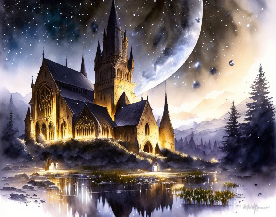 Majestic castle night scene with moon, stars, mountains, and water