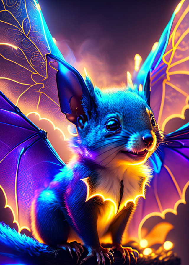 Vibrant digital artwork: fantastical bat with glowing eyes and intricate wings