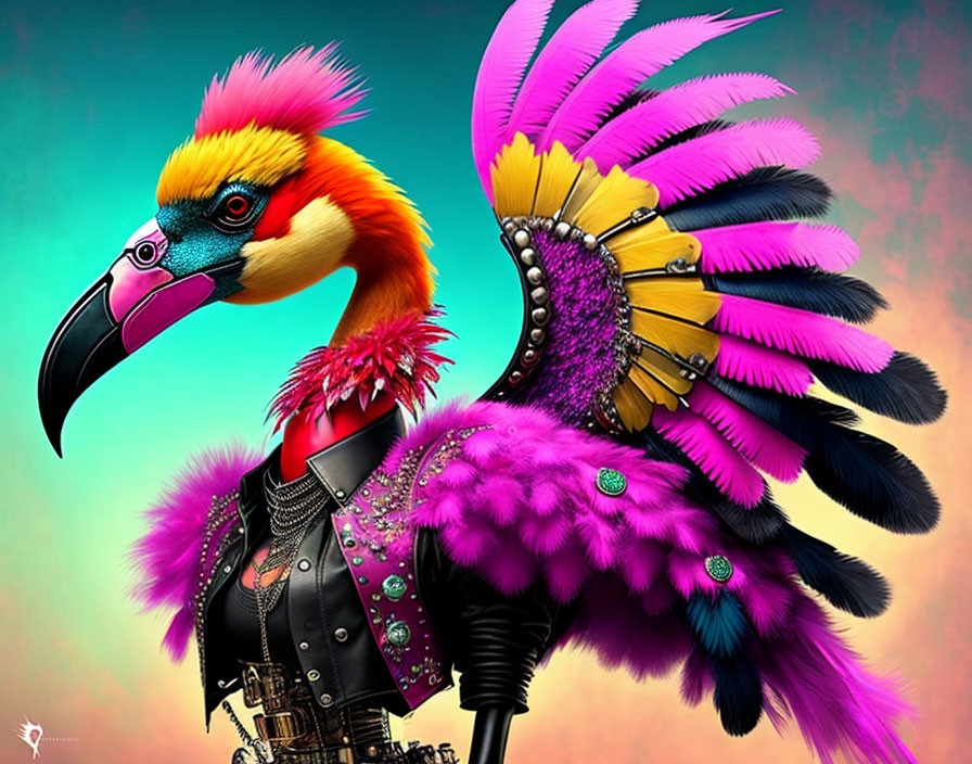 Colorful humanoid bird with pink plumage and toucan-like beak in digital art