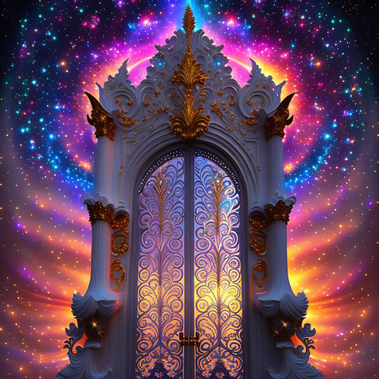 Intricate gold details on ornate cosmic gates