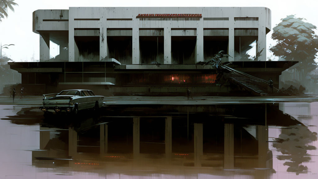 Dystopian scene: retro car, abandoned building, faded letters, reflective water.