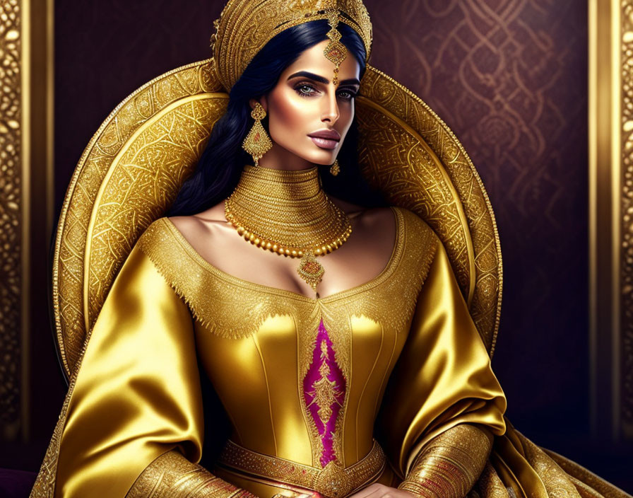 Majestic Figure in Golden Royal Attire with Elaborate Headdress and Jewelry