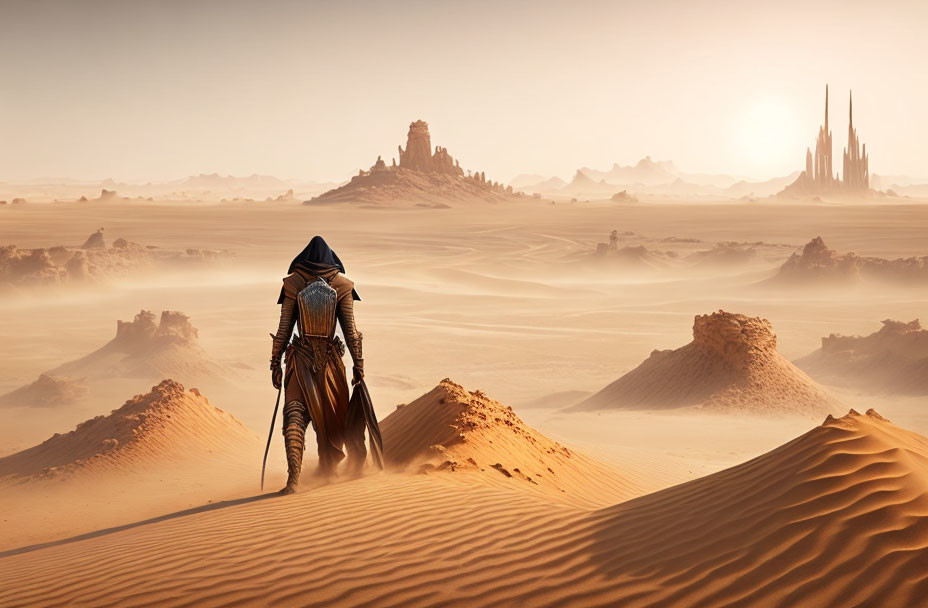 Mysterious figure in cloak and armor surveys desert landscape at sunset