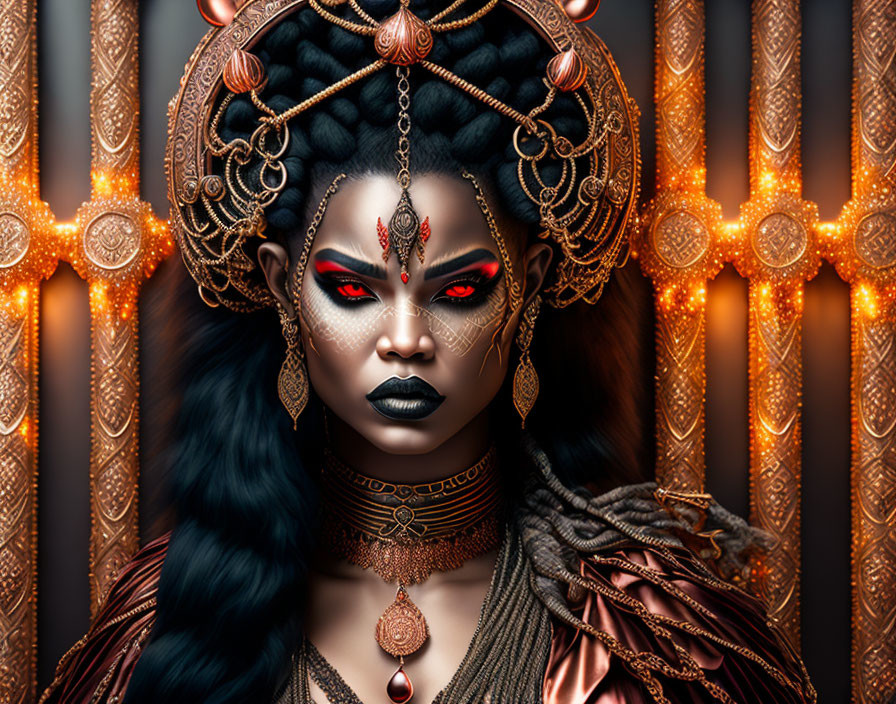 Digital artwork featuring woman with gold headgear, red eyes, and intricate facial markings