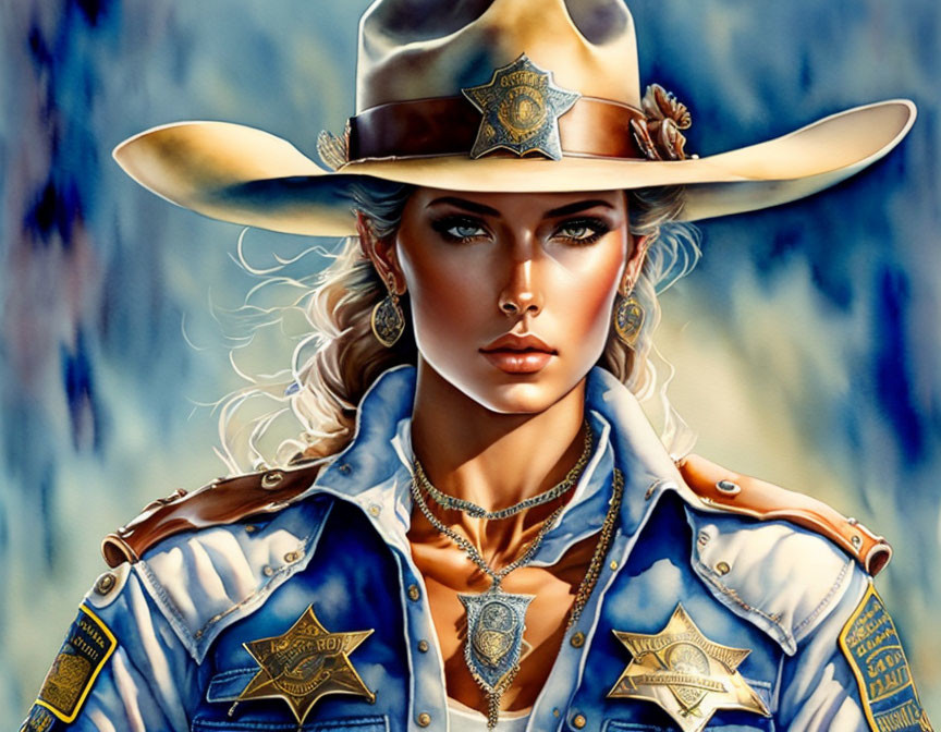 Digital illustration of woman in sheriff's hat and badge with intense eyes and blue shirt