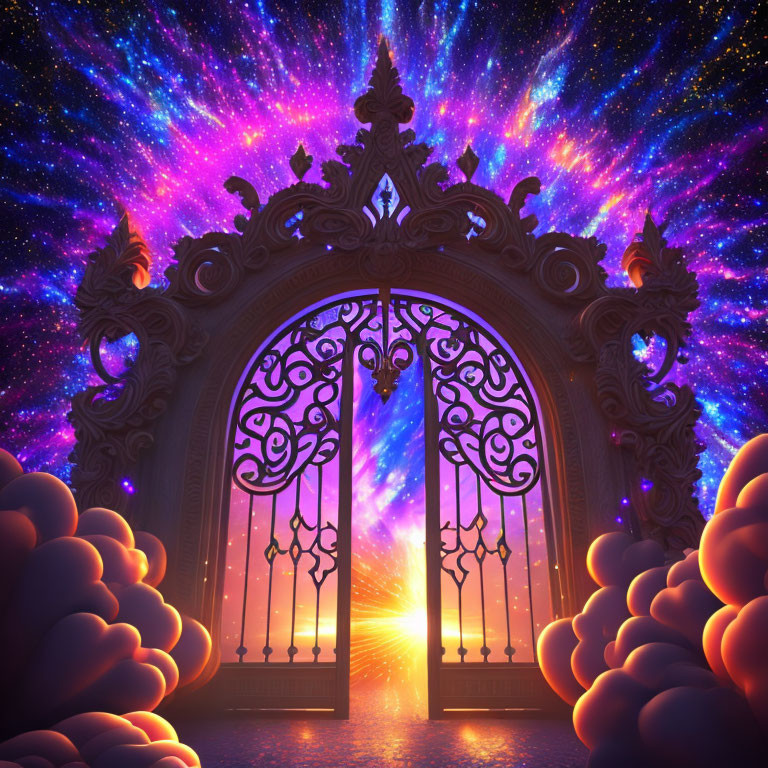 Ornate gate leading to vibrant cosmic sunset scene