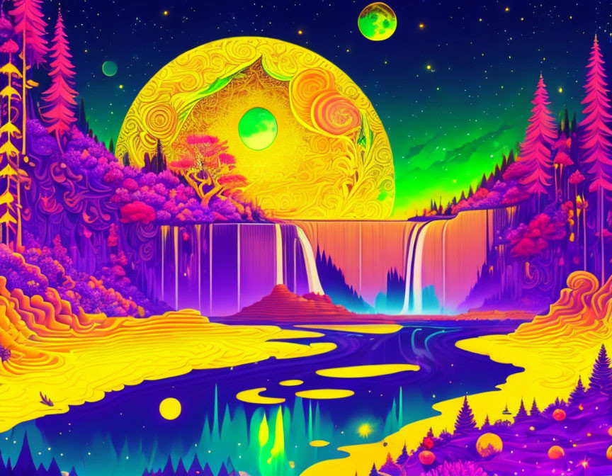 Colorful psychedelic landscape with waterfall, river, trees, and starlit sky