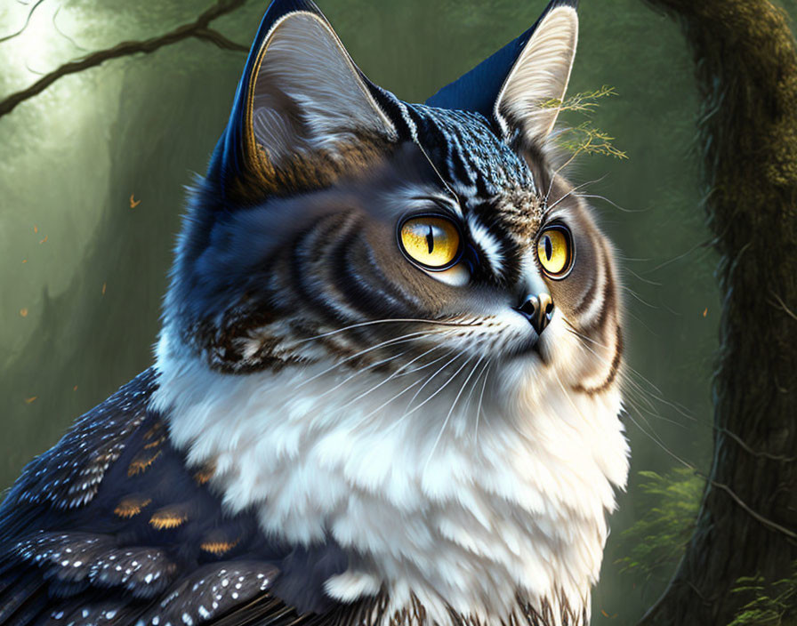 Detailed digital art: Cat with yellow eyes and feather-like patterns in serene forest.