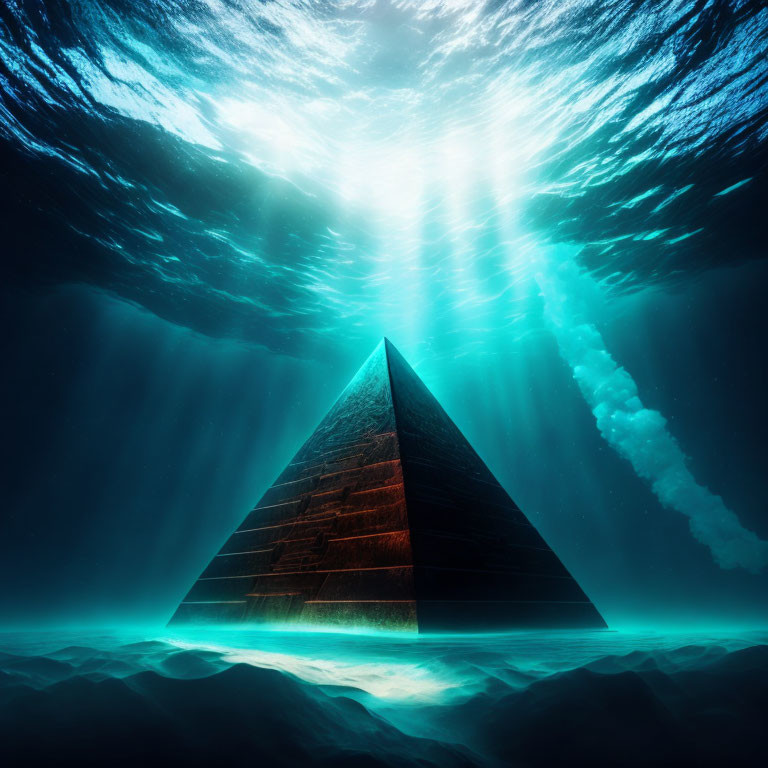 Underwater scene with light beams on ancient pyramid