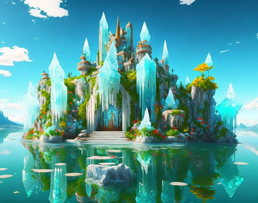 Fantasy Crystal Palace on Isle with Towering Spires & Lush Flora