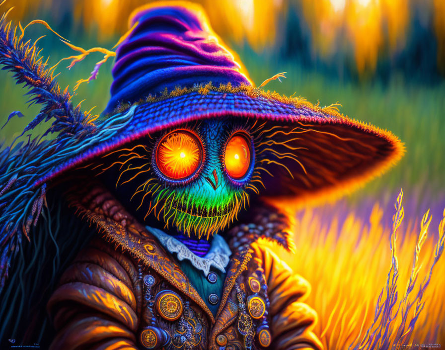 Colorful Owl Character with Wizard Hat in Glowing Field