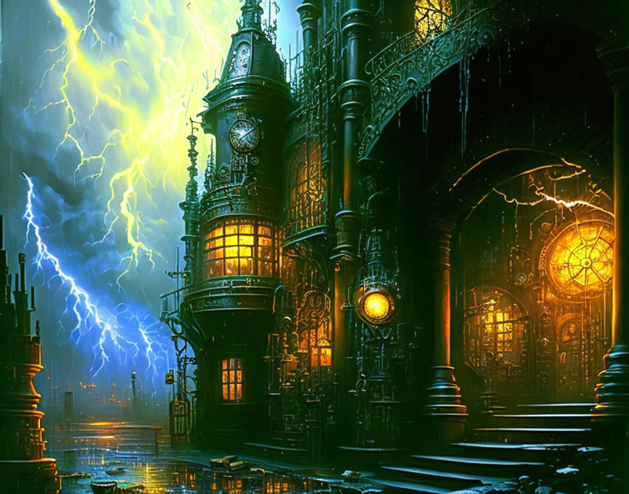 Gothic steampunk cityscape with lightning strikes, ornate buildings, clocks, cobbled