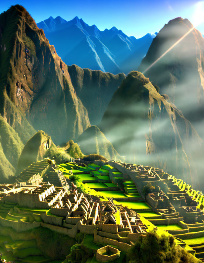 Ancient ruins of Machu Picchu in Andean mountains under sunlight