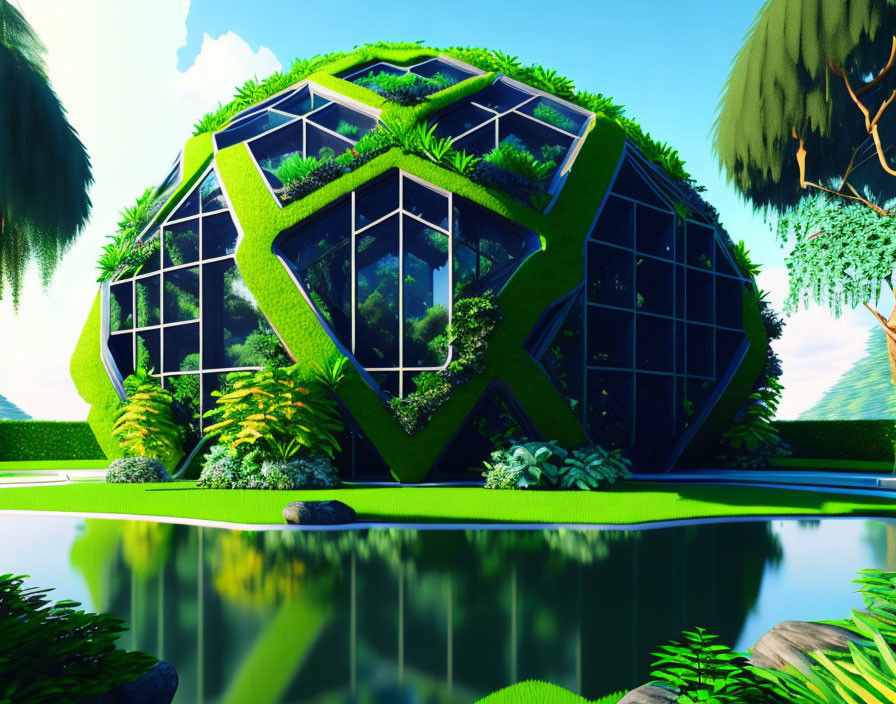 Dome-shaped greenhouse with lush greenery and plant-covered paths reflected in tranquil pond