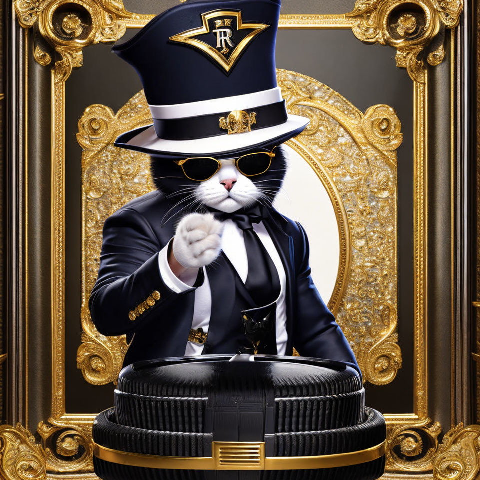 Anthropomorphic cat character in elegant suit and top hat against golden ornate frame.