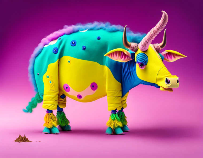 Vibrant rhinoceros-like creature with rainbow features on pink background