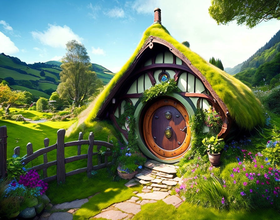 Circular door hobbit-style house in lush green landscape