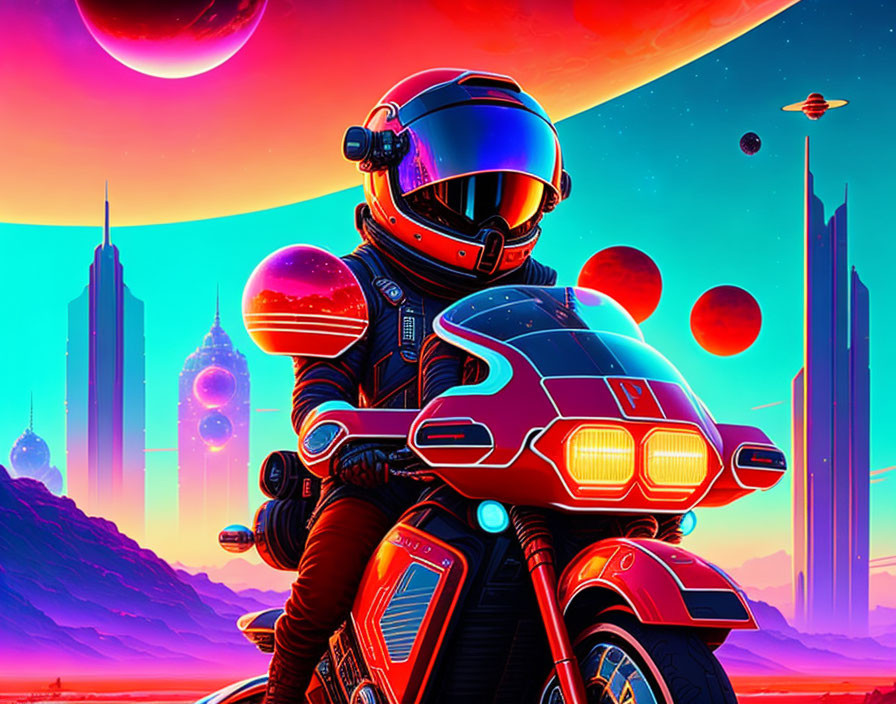 Futuristic rider in vibrant sci-fi cityscape with neon colors