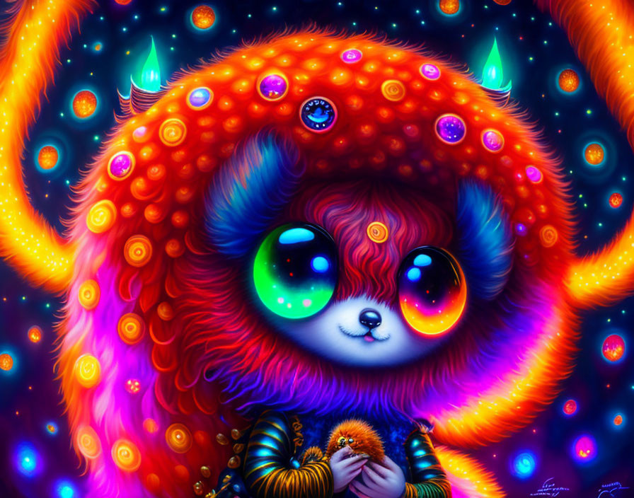 Colorful digital artwork of whimsical furry creature with glowing orbs in blue, orange, and purple.