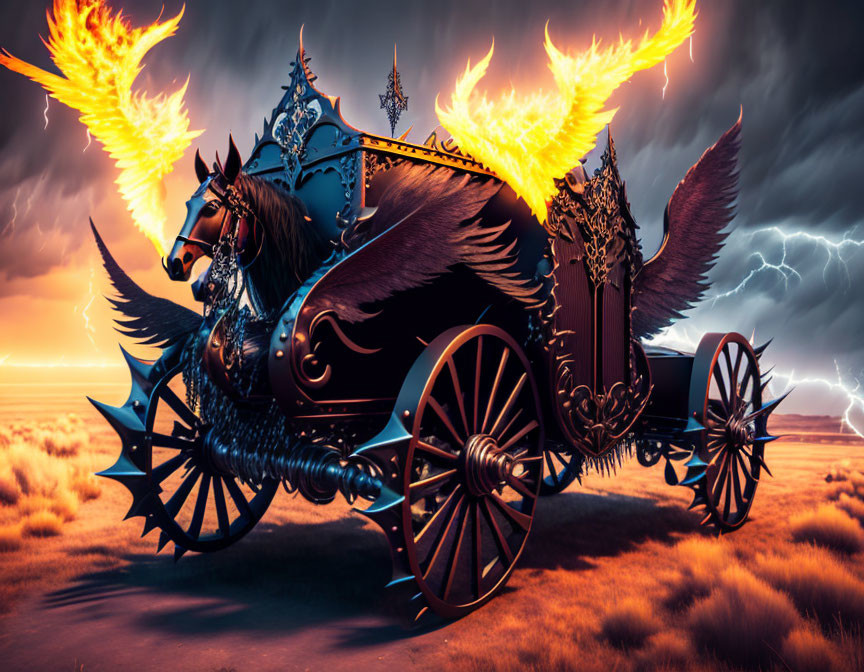 Fiery-winged horse pulling gothic chariot in stormy twilight landscape