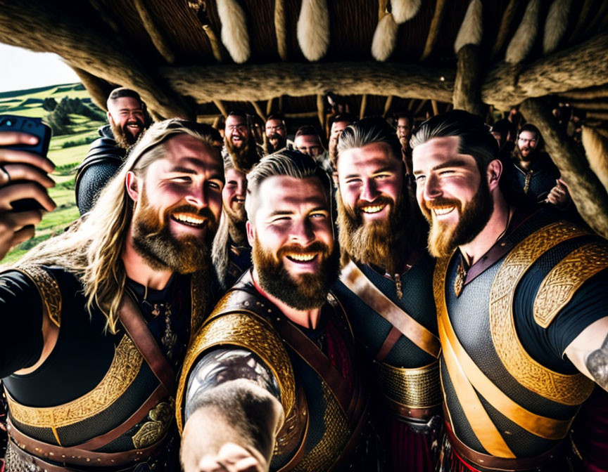 Costumed Vikings taking selfie in scenic landscape