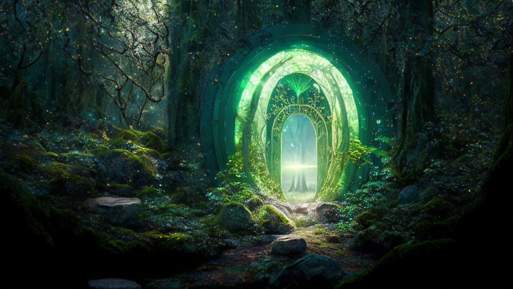 Green Glowing Portal in Enchanted Forest with Moss-Covered Trees