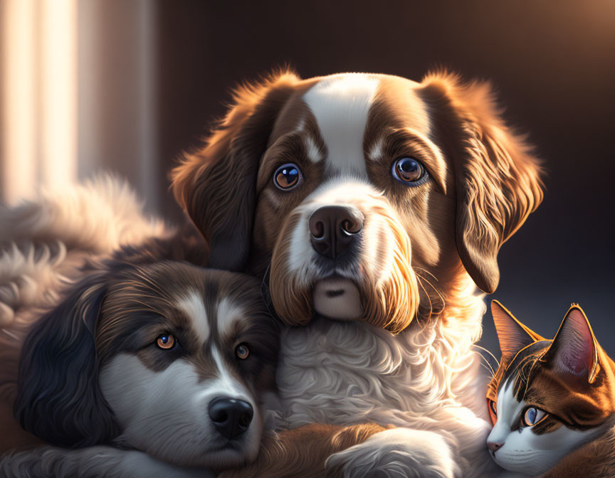 Digital Illustration: Two Dogs and Cat in Warm Sunlight