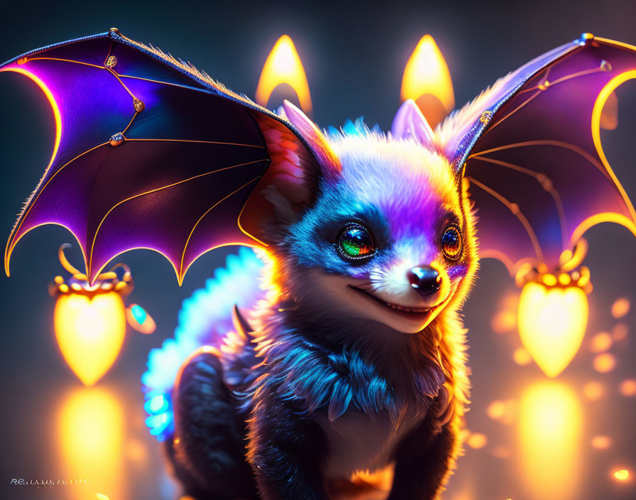 Fuzzy mammal with large ears and bat-like wings in warm glow