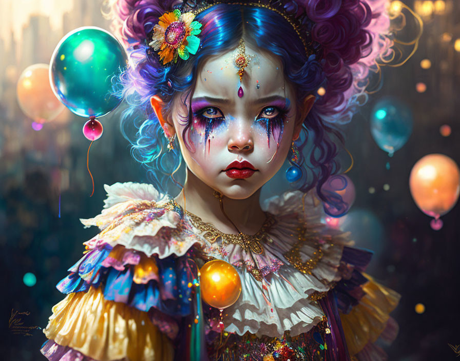 Colorful digital artwork: girl with blue hair, vibrant makeup, detailed costume, surrounded by floating balloons
